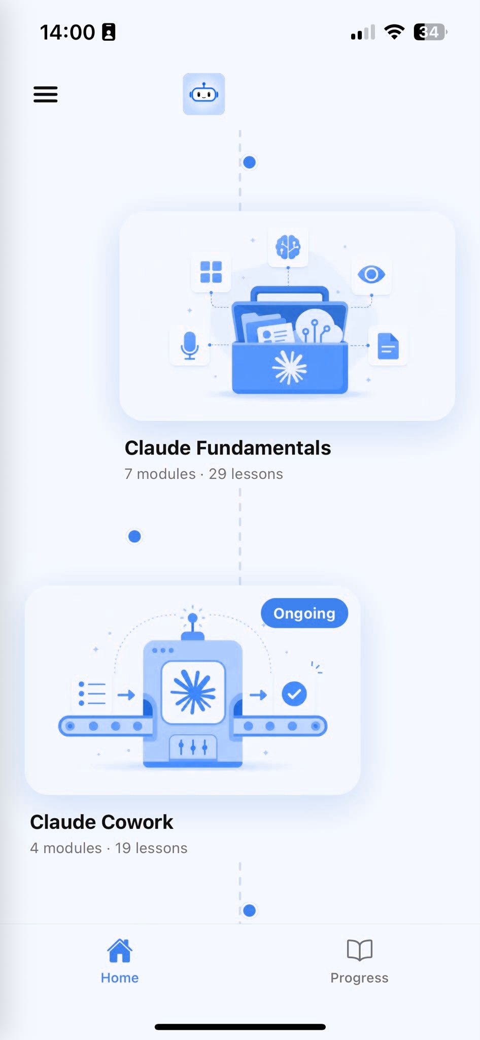 Browse Courses screen showing structured AI lessons organized by topic