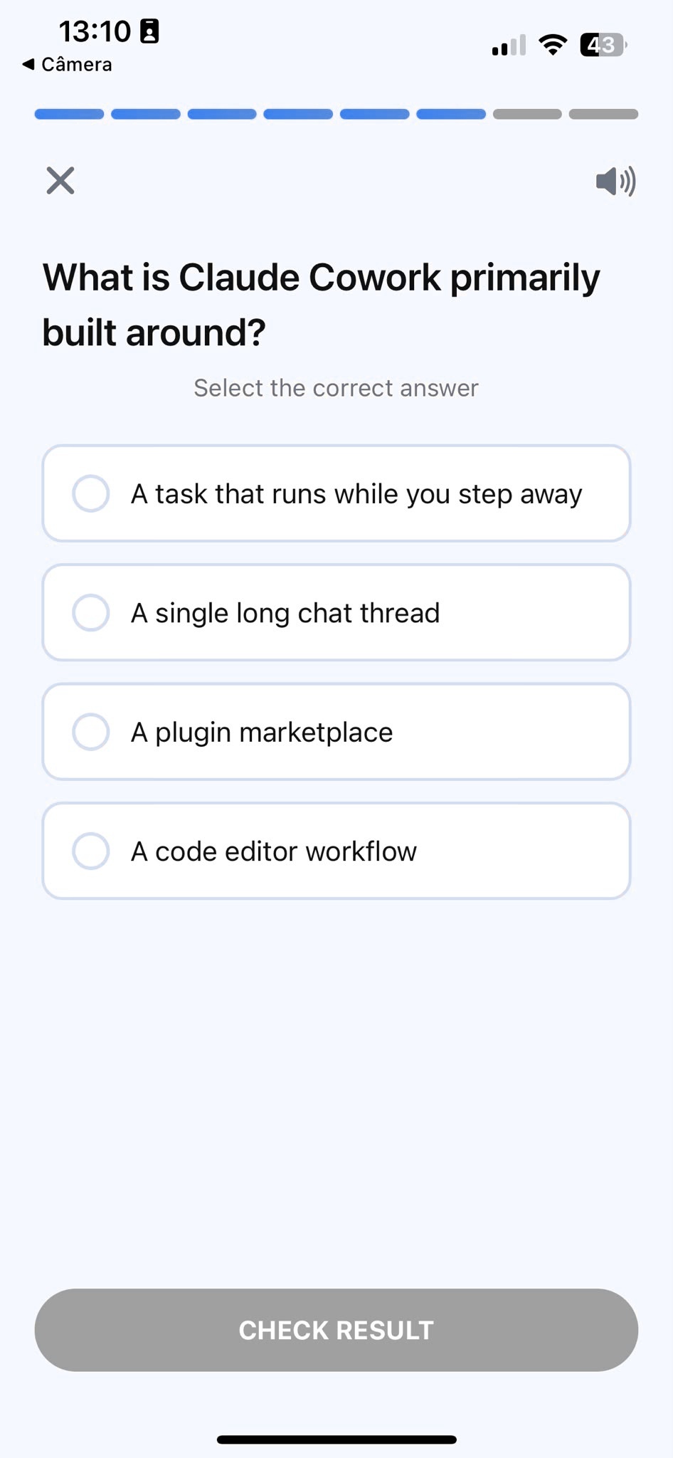 Quiz screen showing a practice question immediately after a lesson